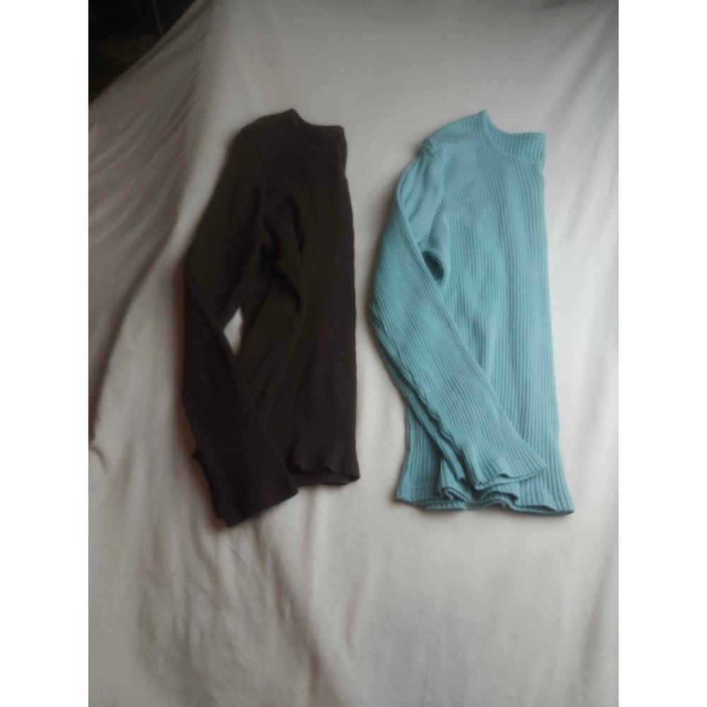 Cato Womens Ribbed Knit Notch Neck Long Sleeve Top Bundle Blue Brown XL 2PK